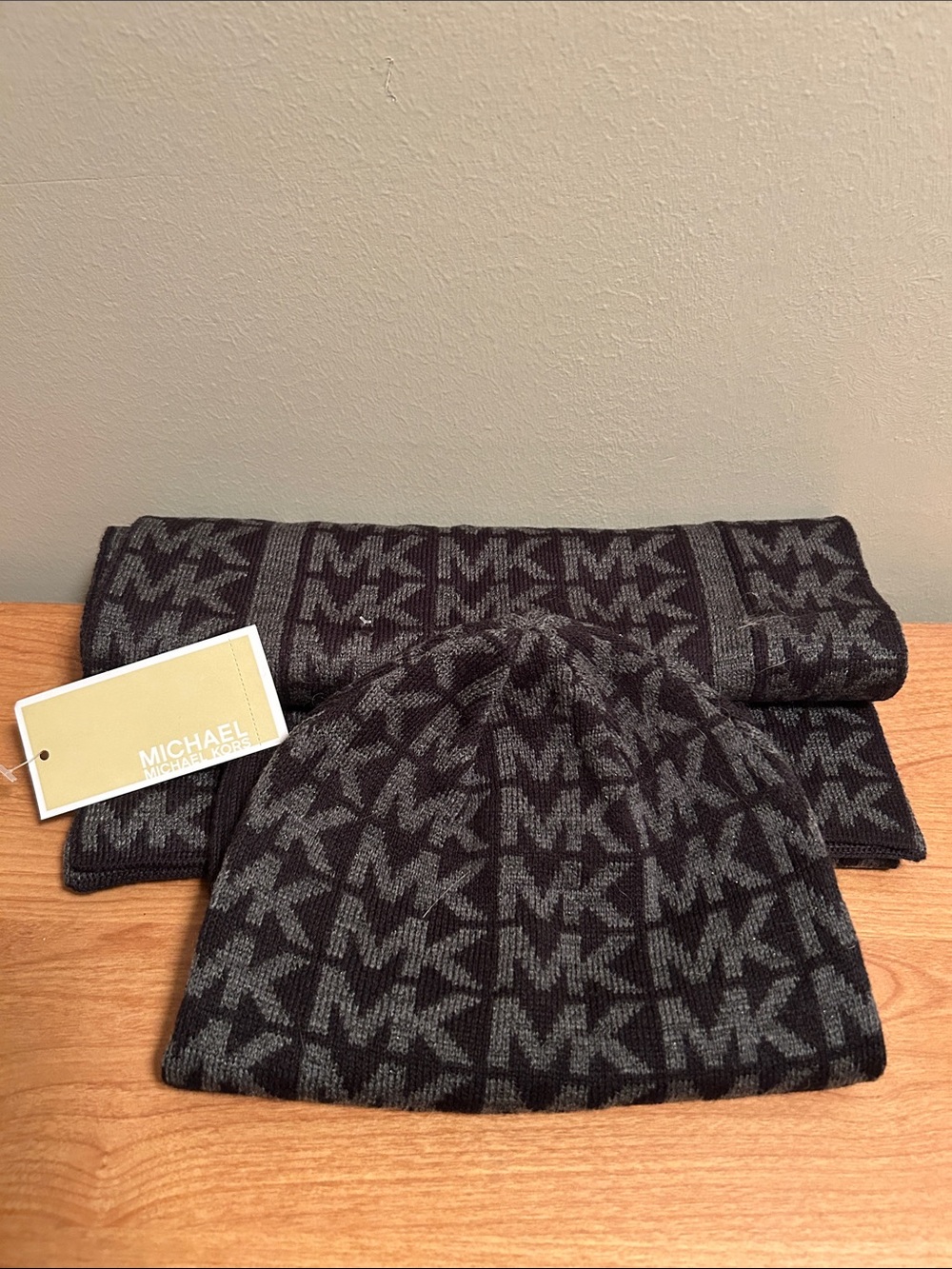 Michael Kors Black & Gray MK Logo Beanie and Scarf Set
